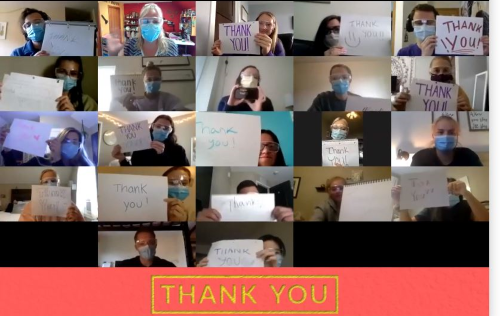 A photo collage of students posing with masks holding thank you notes for donors