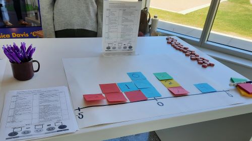 Health activity station at a table with red and blue sticky notes and papers with information
