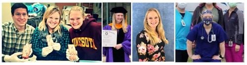 A photo collage of Brittany White as a student with classmates, graduating, in a professional photo, and masking up with coworkers