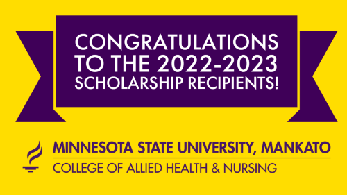 Purple and gold banner that says "Congratulations to the 2022-2023 Scholarship Recipients" with the College of Allied Health and Nursing wordmark