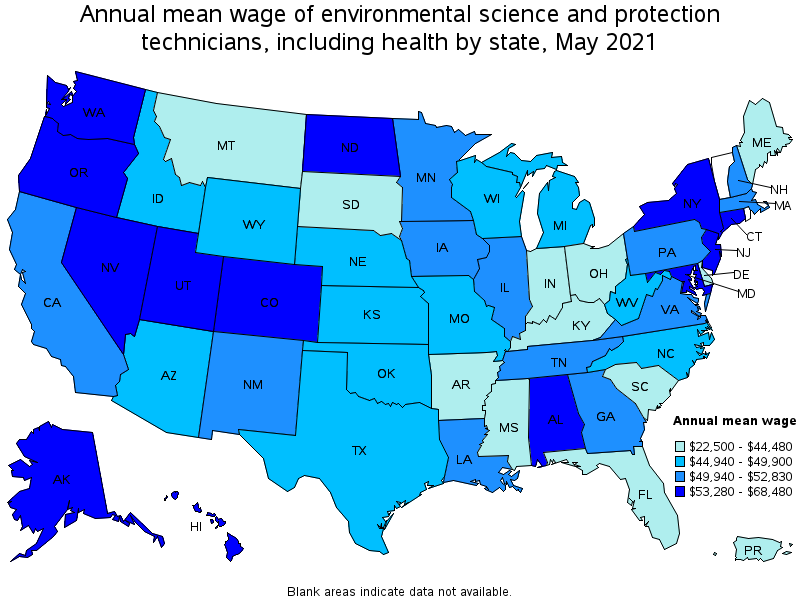 A geographic profile environmental science and protection technicians including health map using different shades of blue indicating the annual mean of environmental science and protection technicians including health by state in May 2021