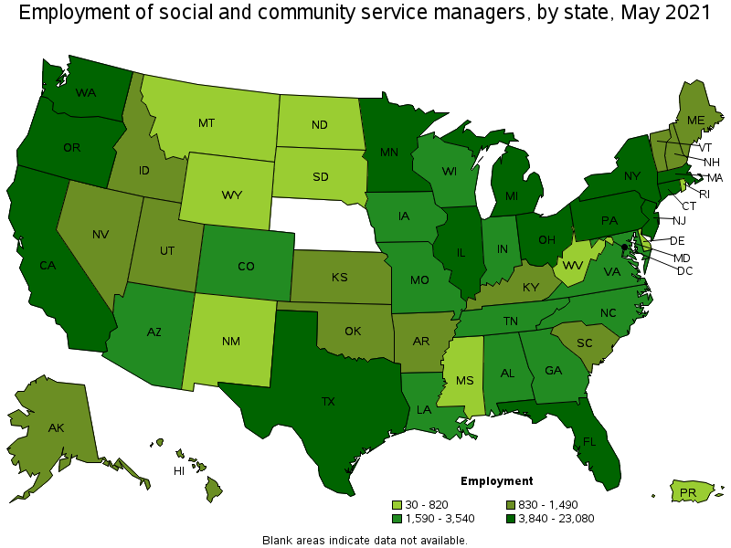 A geographic profile for social and community service managers map using different shades of green indicating employment of social and community service managers by state in May 2021