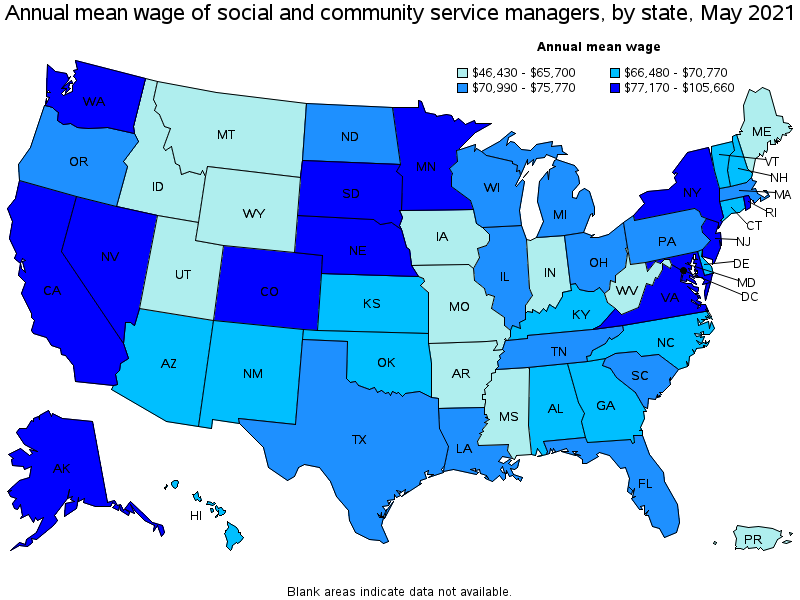 A geographic profile for social and community service managers map using different shades of blue indicating the annual mean wage of social and community service managers by state in May 2021