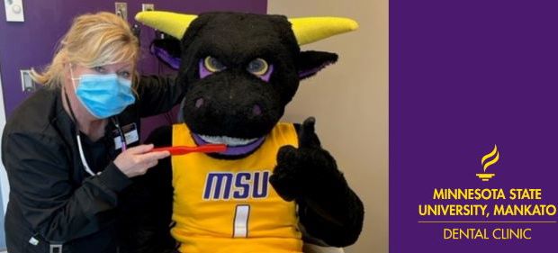 A photo of a dental hygienist holding a big red toothbrush up to Stomper's mouth in the Public Dental Clinic with a purple section containing the Minnesota State University, Mankato Dental Clinic word mark in yellow