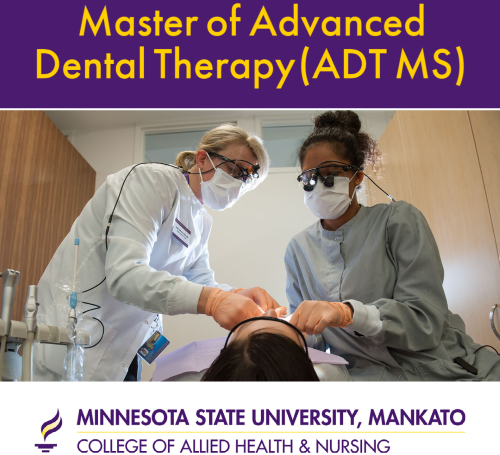 Advanced dental therapist and student working with a patient in the dental chair with the words above, "Master of Science in Advanced Dental Therapy (ADT MS)"