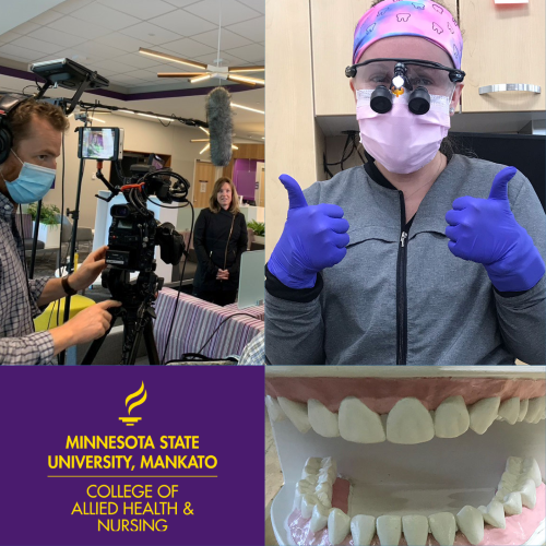 A collage of dental clinic photos including a dental hygiene student, interview set up in the dental clinic with MRP News and a model of teeth to celebrate Dental Hygiene month