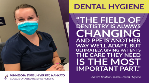 Dental Hygiene student at public dental clinic front desk with a sign that says "The field of dentistry is always changing and PPE is another way we'll adapt. But ultimately, giving patients the care they need is the most important part."
