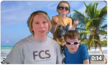 A video clip of professor Heather Von Bank, Department of Family Consumer Science, with her kids and a beach setting in the background