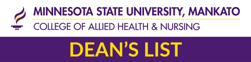 Simple Purple and gold graphic with College of Allied Health and Nursing logo and the words "Deans List"