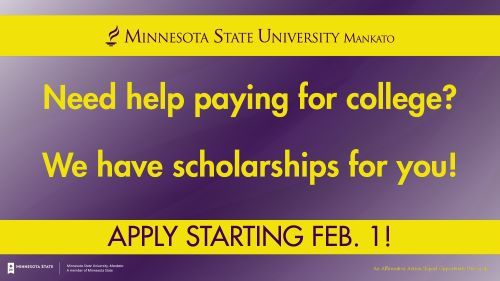 Purple and gold rectangle graphic with words "Need help paying for college? We have scholarships for you! Apply starting Feb.1"