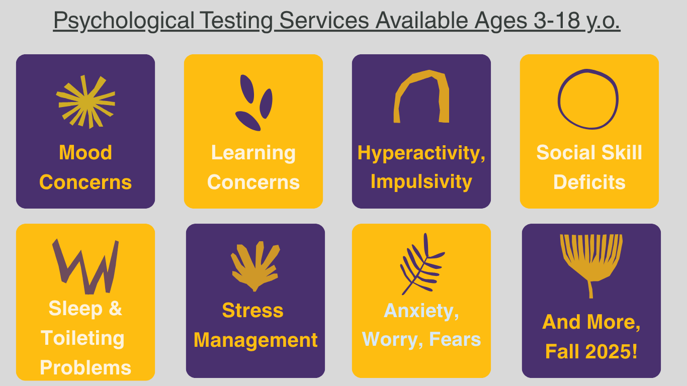 Grid showing psychological testing services for ages 3-18: mood concerns, learning concerns, hyperactivity, impulsivity, social skill deficits, sleep & toileting problems, stress management, anxiety, worry, fears, and more, Fall 2025