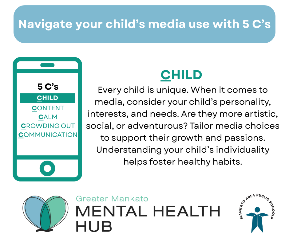Child: Every child is unique. When it comes to media, consider your child's personality, interests, and needs. Are they more artistic, social, or adventurous? Tailer media choices to support their growth and passions. Understanding your child's individuality helps foster healthy habits.