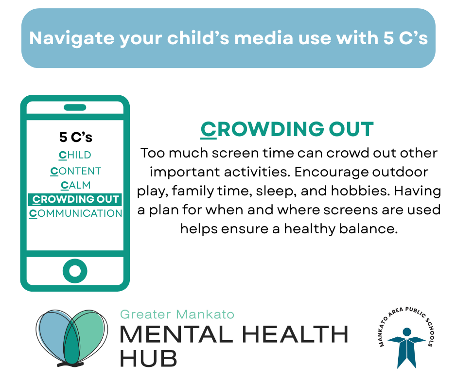 Crowding Out: Too much screen time can crowd out other important activities. Encourage outdoor play, family time, sleep, and hobbies. Having a plan for when and where screens are used helps ensure a healthy balance.