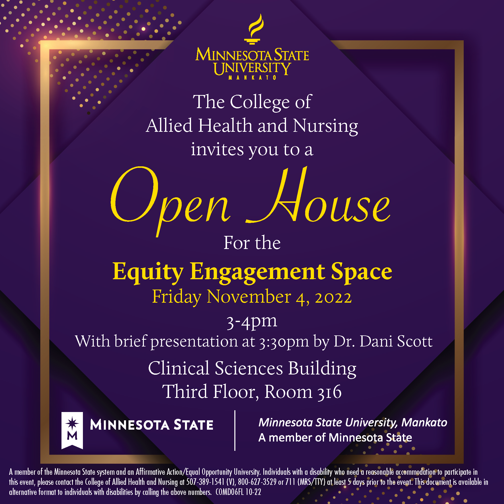 Equity Engagement Space Open House flyer in purple and gold. 