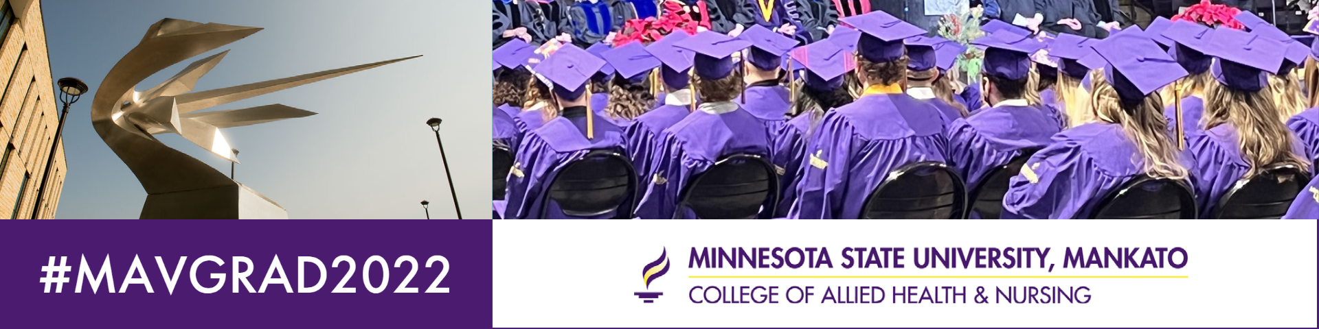 MavGrad graphic showing students with graduation caps from behind and the "Toward Tomorrow" sculpture near College of Allied  Health and Nursing