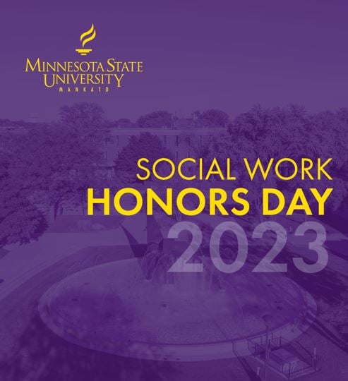Purple square with social work honors day 2023 in yellow