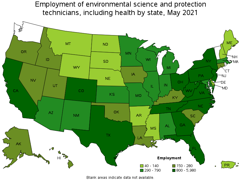 A geographic profile environmental science and protection technicians including health map using different shades of green indicating employment of environmental science and protection technicians including health by state in May 2021