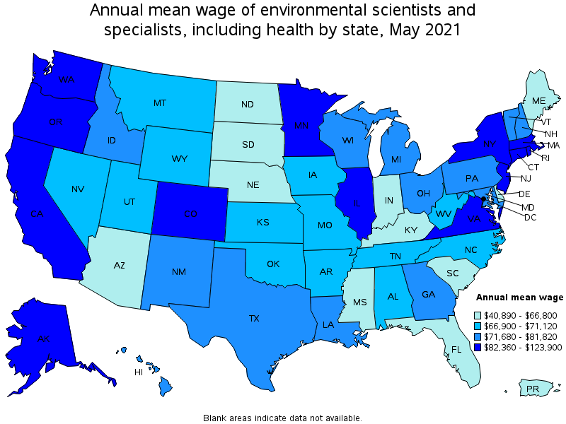 A geographic profile for environmental scientists and specialists including health map using different shades of blue indicating the annual mean wage of environmental scientists and specialists including health by state in May 2021
