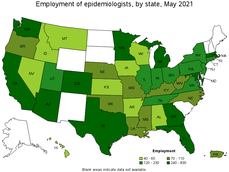 A geographic profile for epidemiologists map using different shades of green indicating employment of epidemiologists by state in May 2021