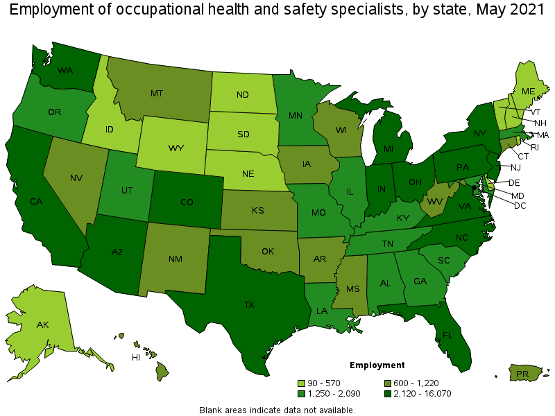 A geographic profile for occupational health and safety specialists map using different shades of green indicating employment of occupational health and safety specialists by state in May2021