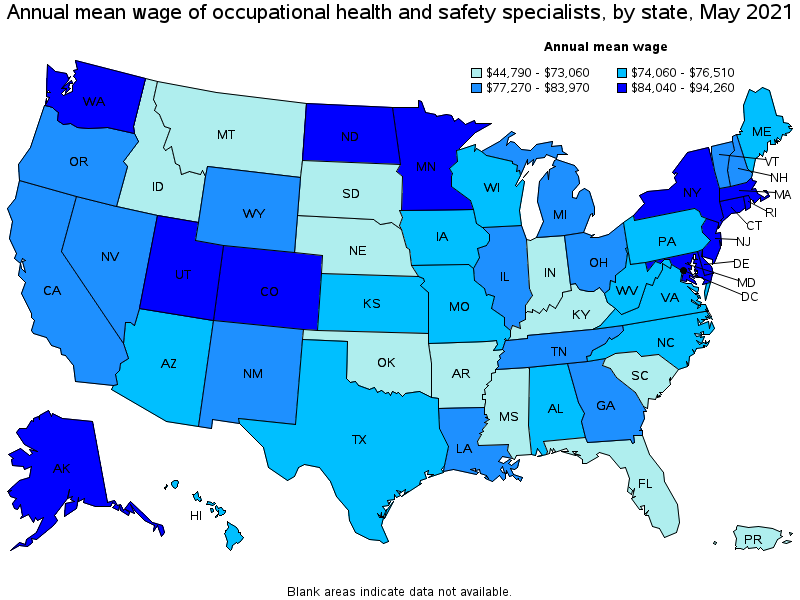 A geographic profile for occupational health and safety specialists map using different shades of blue indicating the annual mean wage of occupational health and safety specialists by state in May 2021
