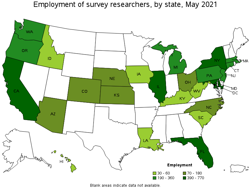 A geographic profile for survey researchers map using different shades of green indicating employment of survey researchers by state in May 2021