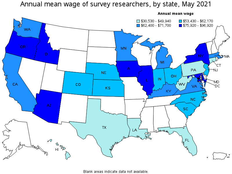 A geographic profile for survey researchers map using different shades of blue indicating the annual mean wage of survey researchers by state in May 2021