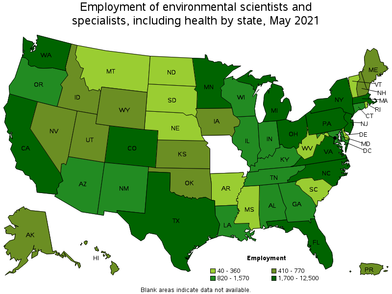 A geographic profile for environmental scientists and specialists including health map using different shades of green indicating employment of environmental scientist and specialists including health by state in May 2021