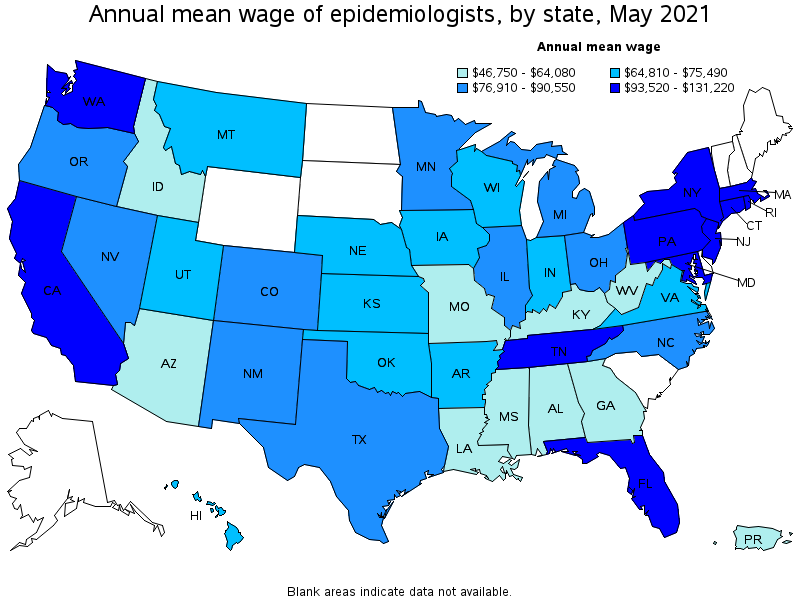 A geographic profile for epidemiologists map using different shades of blue indicating the annual mean wage of epidemiologists by state in May 2021
