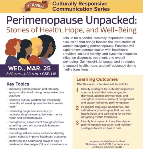 3rd Annual Culturally Responsive Communication Series flyer titled Perimenopause Unpacked: Stories of Health, Hope, and Well-Being