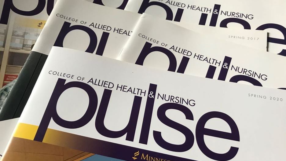 College of Allied Health and Nursing Pulse Magazines scattered on a table