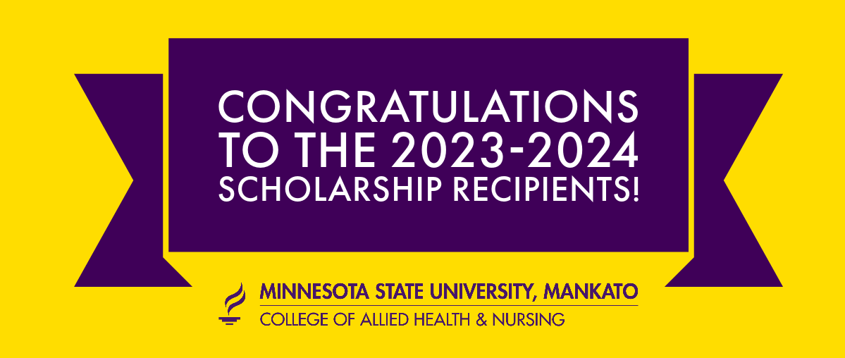 "Congratulations to the 2023-2024 Scholarship Recipients" on purple and gold banner with College of Allied Health and Nursing wordmark. 