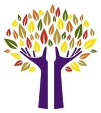 An illustration of two purple decorative arms and hands forming a tree with colorful leaves